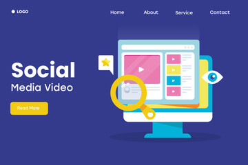 Video playing on social media website pc screen, increasing views and reaction on video content, marketing concept, banner illustration.