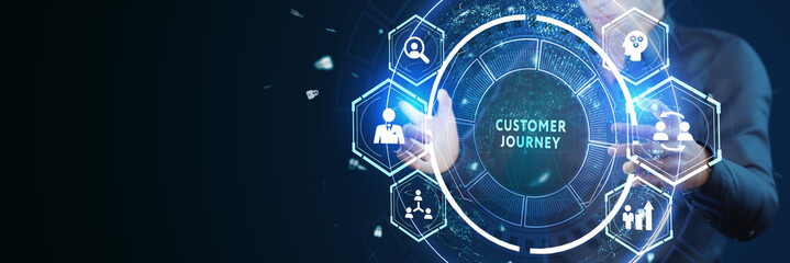 Inscription Customer journey on the virtual display. Business Technology Internet and network concept.