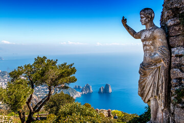 View of the sea and the statue of the august emperor, from the heights of Mount Solaro, Anacapri,...