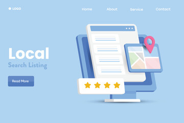 3d illustration concept of local business listing on search engine map location with five star rating banner template.