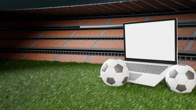3D animation - two soccer balls next to open laptop with white screen on field