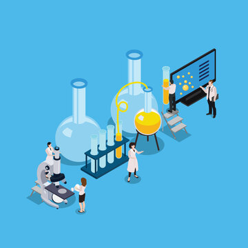 Group of scientists in white coat working in science lab isometric 3d vector illustration concept for banner, website, illustration, landing page, flyer, etc.