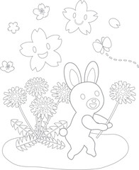 タンポポと桜とかわいいウサギの塗り絵