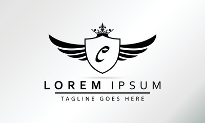 Stylish Black Shield With Wings, Crown And Initial Letter C Isolated On White Background. Luxury Logo Business Vector Template. Modern Design Logotype, Emblem,