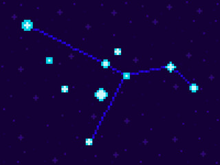 Fototapeta na wymiar Columba constellation in pixel art style. 8-bit stars in the night sky in retro video game style. Cluster of stars and galaxies. Design for applications, banners and posters. Vector illustration