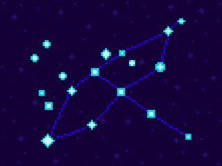 Fototapeta na wymiar Cygnus constellation in pixel art style. 8-bit stars in the night sky in retro video game style. Cluster of stars and galaxies. Design for applications, banners and posters. Vector illustration