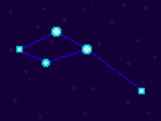 Obraz na płótnie Canvas Delphinus constellation in pixel art style. 8-bit stars in the night sky in retro video game style. Cluster of stars and galaxies. Design for applications, banners and posters. Vector illustration