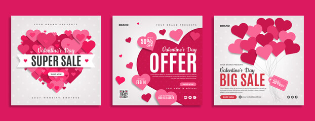 Valentine's day sale promotion social media banner post template. Business marketing flyer with heart or love balloon. Valentine day celebration web poster background decoration with ornament. - obrazy, fototapety, plakaty