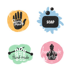 Handmade label doodle set. Knitting, fragrance, soap logo vector illustration.