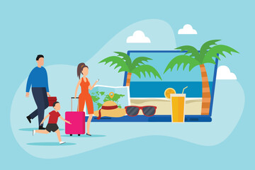 Obraz na płótnie Canvas Happy Family travel online booking 2d vector illustration concept for banner, website, illustration, landing page, flyer, etc