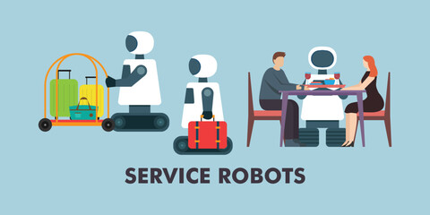 Service robots in hospitality industry 2d vector illustration concept for banner, website, illustration, landing page, flyer, etc