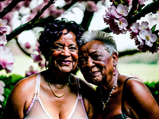 Old black lesbian woman couple in love under cherry blossoms. Generative AI