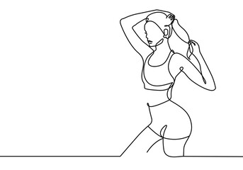 Fitness Female Pose One Line Drawing. Woman Sport Pose Minimalist Drawing. Fitness Line Art Modern Minimal Drawing. Trendy Illustration Continuous Line Art. Dancer Minimal Logo. Vector EPS 10