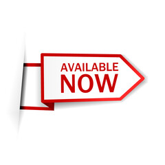 Available now banner design template, store ribbon. Vector illustration isolated on white background