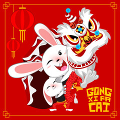 Happy chinese new year 2023 Year of the rabbit.
Cute white rabbit playing lion dance.

The Text is Gong Xi Fa Cai meaning wishing you prosperity in the coming year
