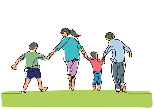 continuous line color drawing of beautiful family time moments of life -  PNG image with transparent background