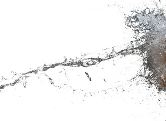 Water hit wall ground, explode into drop droplet. Amount Water attack impact and fluttering in air explosion. Stop motion freeze shot. Splash Water for texture elements, black background isolated