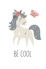 Cute magical unicorn. Vector hand drawn illustration. Beautiful fantasy cartoon animal. Great for kids party, greeting cards, invitations, clothing print