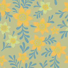 Fototapeta na wymiar Simple vintage pattern. Cute yellow flowers. Green background. Fashionable print for textiles and wallpaper.