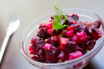 Classic Russian vinaigrette salad (Винегрет) with roasted beets, dressed in simple extra virgin olive oil.