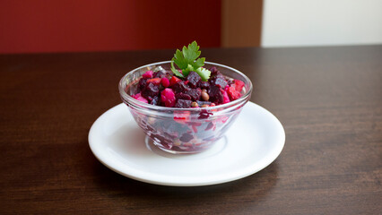 Classic Russian vinaigrette salad (Винегрет) with roasted beets, dressed in simple extra virgin olive oil.