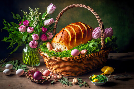 Traditional easter basket with loaf of bread and spring flowers