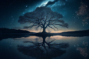 tree of life reminiscent of Yggdrasil reflected in an icy lake at night