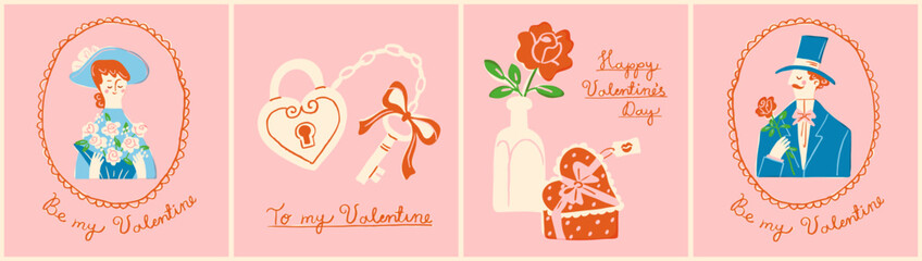 Valentine's day banner or post card design. Lady and gentleman holding flowers, romantic gift in a heart shaped box and a lock with a key. Hand drawn elements in retro style.