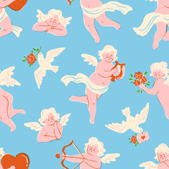 Seamless pattern with cute flying cupids and doves. Angels or cherubs shooting arrows, holding flowers and playing a harp. Hand drawn elements in trendy retro style.