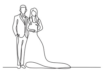 continuous line drawing happy groom bride standing at wedding - PNG image with transparent background