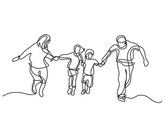 Fototapeta na wymiar continuous line drawing happy parents children running - PNG image with transparent background