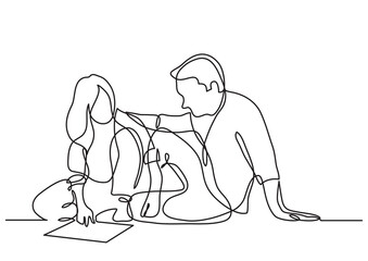 continuous line drawing man and wonan sitting on the floor discussing plan - PNG image with transparent background