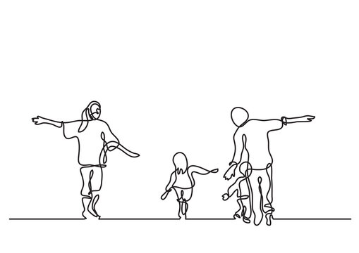 continuous line drawing happy family running - PNG image with transparent background
