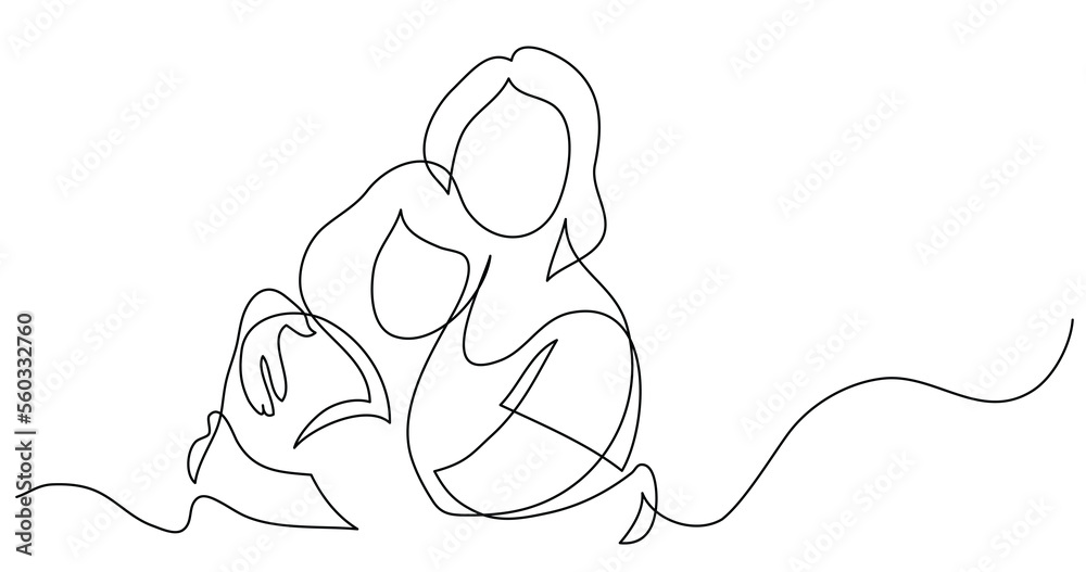Wall mural continuous line drawing of mother and daughter hugging each other - png image with transparent backg