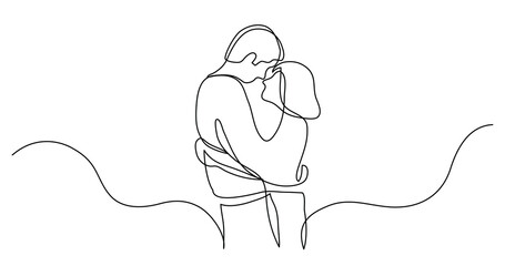 continuous line drawing of loving couple of young man and woman hugging each other - PNG image with transparent background