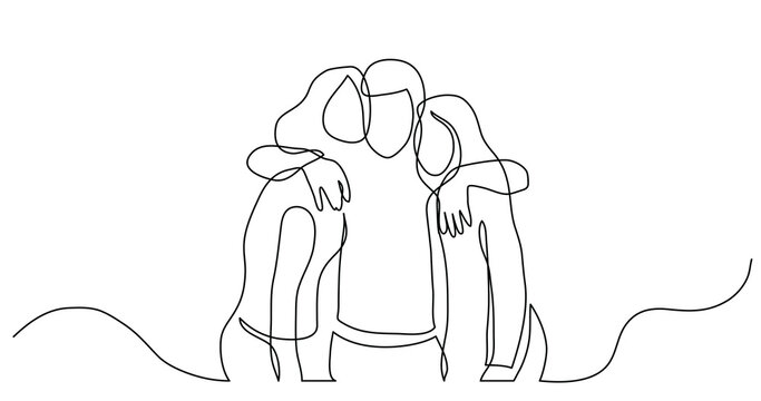 continuous line drawing of three teenage friends hugging each other - PNG image with transparent background