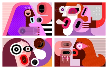 Poster Set of four separate graphic portraits of people talking on the phone, graphic illustration. ©  danjazzia