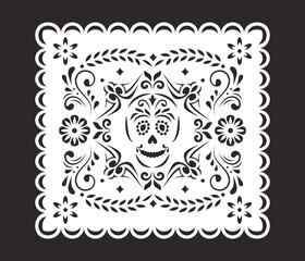 Mexican banner for Day of the Dead, Dia de los Muertos. Decorative garland Papel Picado with floral ornament and skull.