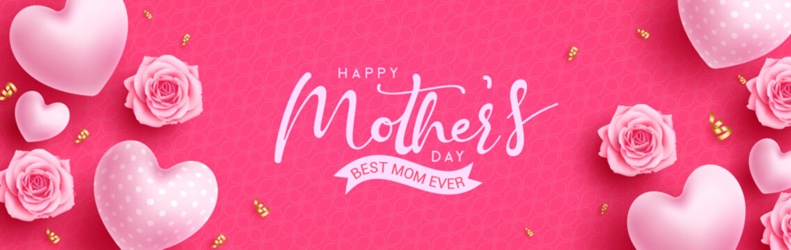 Happy mother's day text vector design. Mother's day typography in pink space with heart balloons and flower elements for greeting card background. Vector Illustration. 
