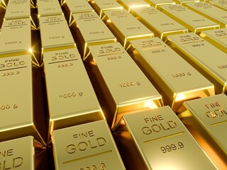 Many Gold bars or Ingot, 3d rendering of financial concept