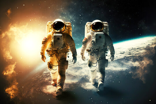 Two Floating Astronauts Walking On Planet Against Background Of Starry Sky