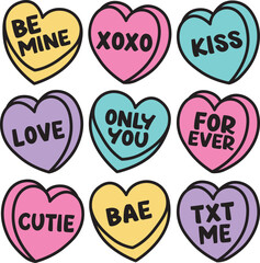 Valentine’s Day Candy Hearts Vector Illustration. Colorful candy hearts with words including Be Mine, XOXO, Kiss, Love, Only You, Forever, Cutie, BAE, TXT Me.