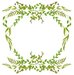 Obraz premium Hand drawn watercolor illustration. Botanical wreath of green branches and leaves. Spring mood. Floral Design elements. Perfect for invitations, greeting cards, prints, posters, packing etc