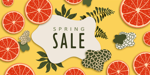Spring sale horizontal banner with fresh grapefruit, tropical leaves, bright delicious poster, flyer with shopping invitation, deal discount offer template, vector