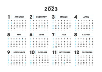 2023年のシンプルな年間カレンダー - 日曜始まり･12ヶ月･1年分 - 日本の祝日 - A版比率
