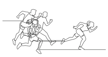 continuous line drawing of group of athletes running after leader woman - PNG image with transparent background