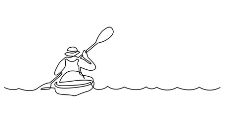 continuous line drawing of man exercising kayaking on beautiful river waters - PNG image with transparent background - obrazy, fototapety, plakaty