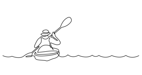 Foto op Canvas continuous line drawing of man exercising kayaking on beautiful river waters - PNG image with transparent background © OneLineStock