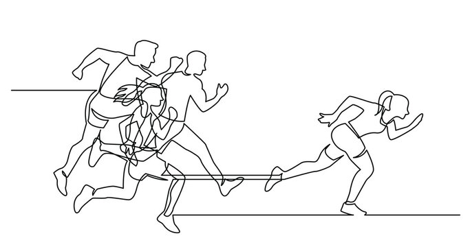 continuous line drawing of group of athletes running after leader woman - PNG image with transparent background