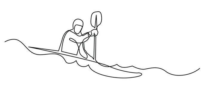 continuous line drawing of kayaker doing extreme rafting on rough river waters - PNG image with transparent background
